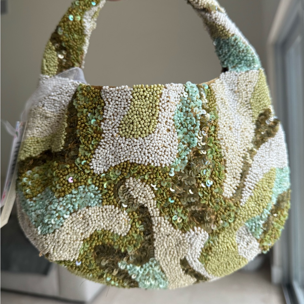 Handmade Green & Cream Beaded Hobo Bag – Sequin Abstract Pattern - Picture 5 of 7